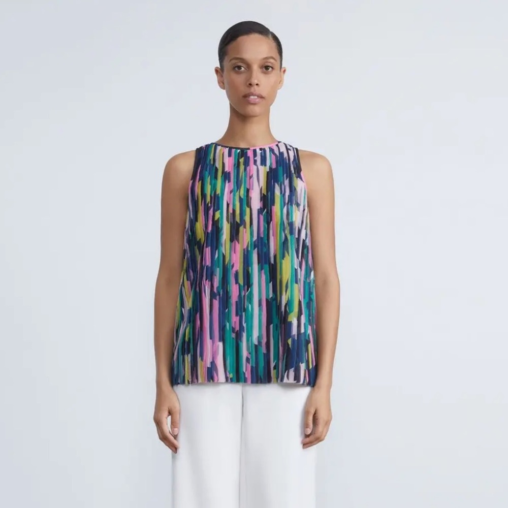 LAFAYETTE 148 NEW YORK Papier Print Poly Chiffon Strip-Pleated Racerback Blouse